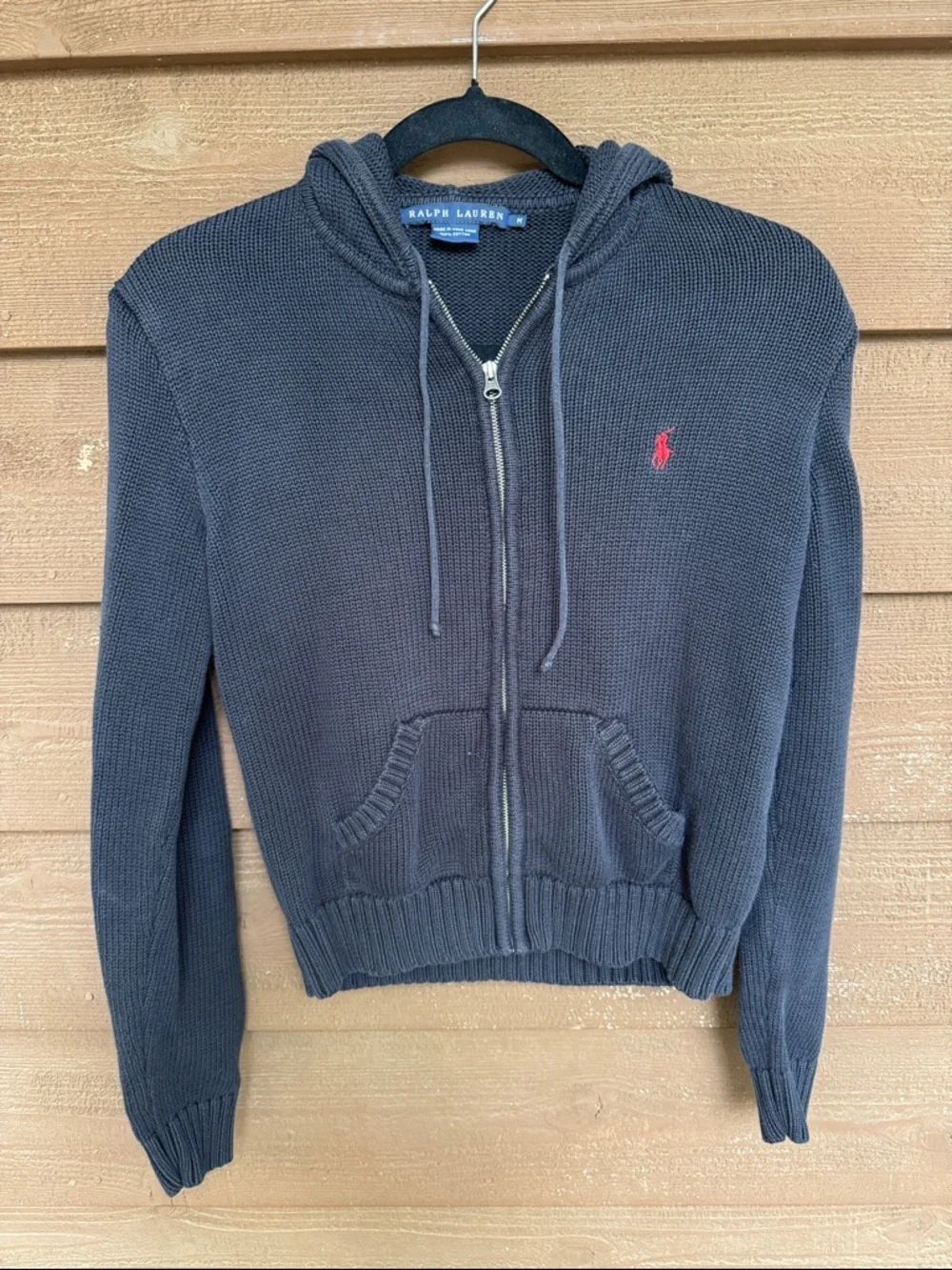 Ralph Lauren Black Big Kids Knit Zip Hoodie with Red Polo Pony size Medium